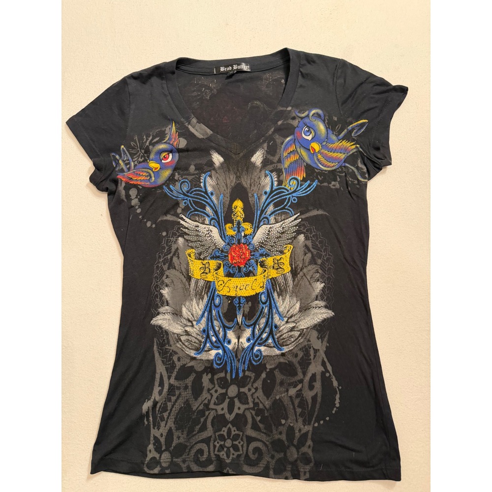 Brad Butter Womens V-Neck Graphic Tee Black Tattoo Eagle Heart Rhinestone M